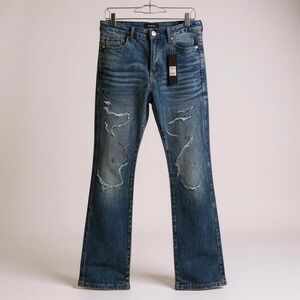 Y2K Flared Distressed Jeans Men 30x34 Blue Patches Fashion Nova Grunge Punk